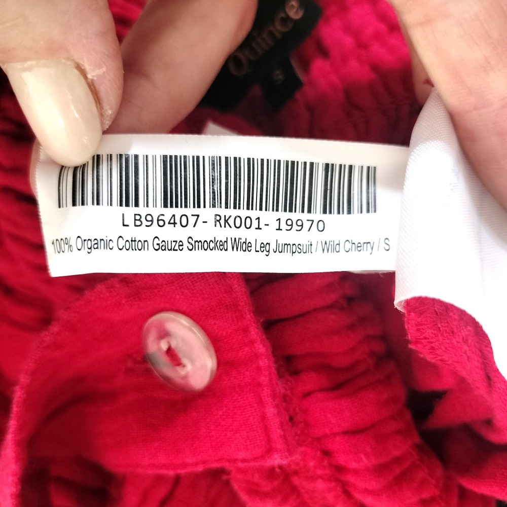 Quince Wild Cherry Jumpsuit; Organic Cotton Gauze Smocked Wide Leg - Picture 8 of 13